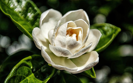 Close up of a white jasmine flower with green leaves.の素材