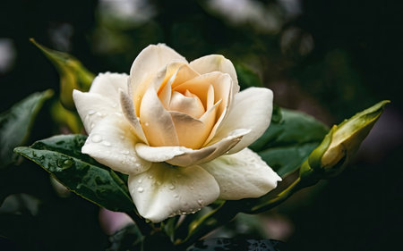 Beautiful white rose flower with dew drops on the petalsの素材