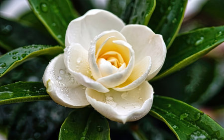 White camellia flower with water droplets on the petalsの素材