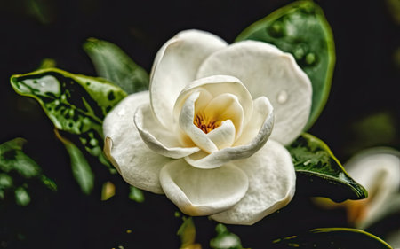 Beautiful white magnolia flower on a dark background. Close-up.の素材