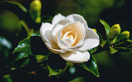 White Camellia japonica flower on green leaves background.の素材