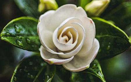 White jasmine flower on green leaves background with copy space.の素材