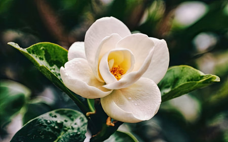 White camellia flower with rain drops on the petals.の素材