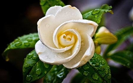 White rose with water drops on the petals, close-upの素材