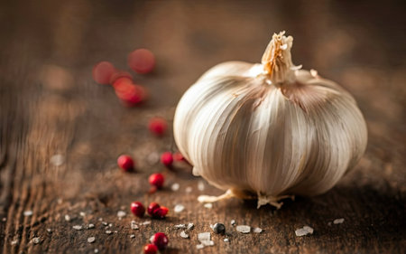 Garlic and pepper on a wooden background. Selective focus.の素材