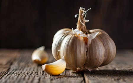 Garlic on a wooden table, rustic style, selective focusの素材
