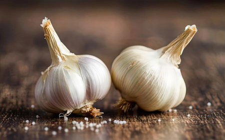 Fresh Garlic on a wooden background (close-up shot)の素材