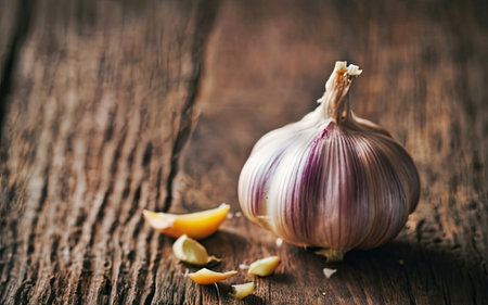 Garlic on wooden background. Garlic cloves and garlic bulb.の素材