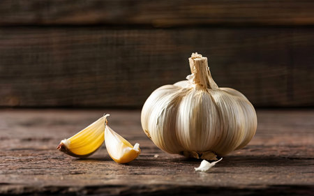 Garlic on a wooden background. Garlic cloves and garlic bulb.の素材