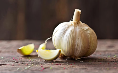 Garlic on a wooden background, close-up, selective focusの素材