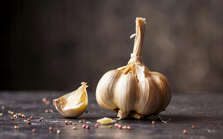 Garlic on a black background. Garlic on a black backgroundの素材