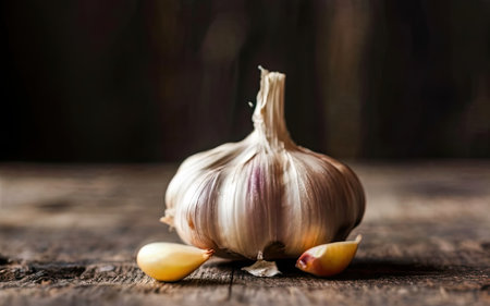 Garlic on a wooden background. Garlic bulb and garlic cloves.の素材