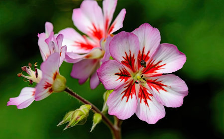 Pink and white geranium flowers on a green background close-upの素材