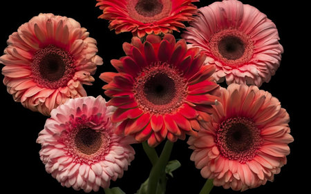 Beautiful gerbera flowers on black background, close-upの素材