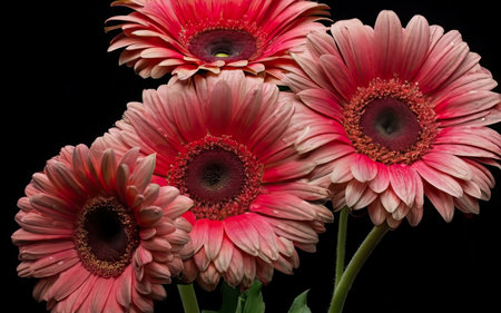 Three pink gerbera flowers isolated on black background. Close up.の素材
