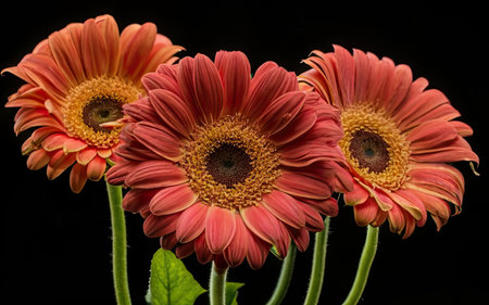 Three orange gerbera flowers isolated on black background, close upの素材