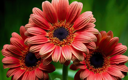Close up of red gerbera daisy flower with green backgroundの素材