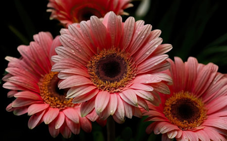 Pink gerbera flowers with water droplets on petals.の素材