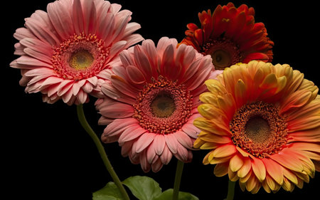 Three gerbera flowers isolated on black background, close-upの素材
