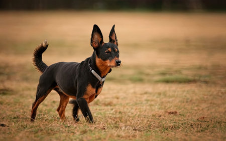 Doberman pinscher dog running in the park. Selective focus.の素材