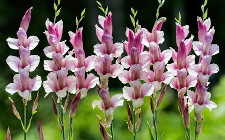 Gladiolus flowers in the garden close-up. Beautiful background.の素材