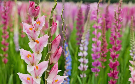 Pink and purple lupine flowers in a field in the Netherlandsの素材
