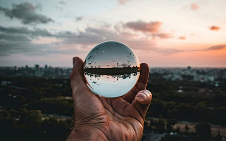 Reflection of the city in a crystal ball against a sunset backgroundの素材