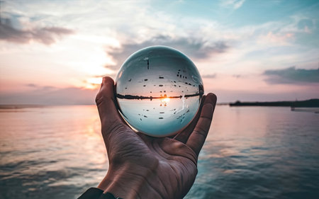 Crystal ball with sunset in the background. Concept of the future.の素材