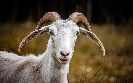 Portrait of a goat with horns on a background of the fieldの素材