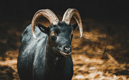 Portrait of a black goat with horns on a dark background.の素材