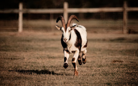Goat running on the meadow at sunset. Black and white photo.の素材