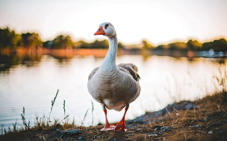 Goose standing on the bank of the river at sunset in summerの素材