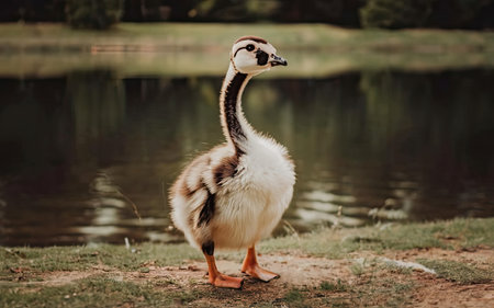 Portrait of a young goose on the shore of a lake.の素材