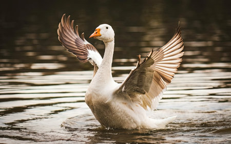 Beautiful white goose flying in the water on a sunny day.の素材