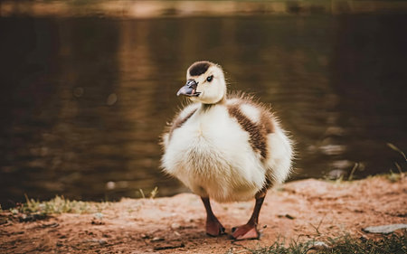 Cute duckling standing on the shore of a lake in summerの素材