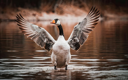 Goose flying over the lake in autumn. Wildlife scene from nature.の素材