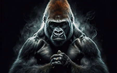 Portrait of a strong gorilla. Studio shot. Black background.の素材