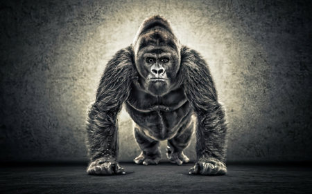 An image of a gorilla in front of a grey wall background.の素材