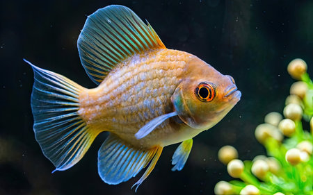 Beautiful goldfish in the aquarium. Aquarium fish close upの素材