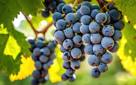 Bunches of red wine grapes ripening on vineyards in autumnの素材