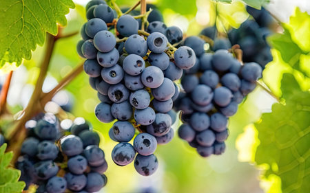 Bunches of red wine grapes in vineyard, close upの素材
