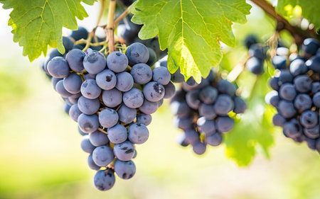 Bunches of red wine grapes in vineyard, close upの素材
