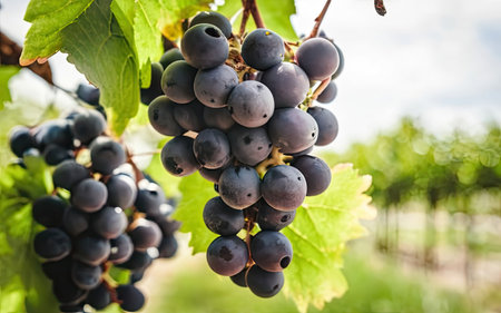 Bunches of ripe red wine grapes on vineyard in autumnの素材