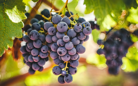Ripe red wine grapes in vineyard ready to harvest, close upの素材