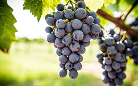 Ripe red wine grapes in vineyard on sunny summer day.の素材
