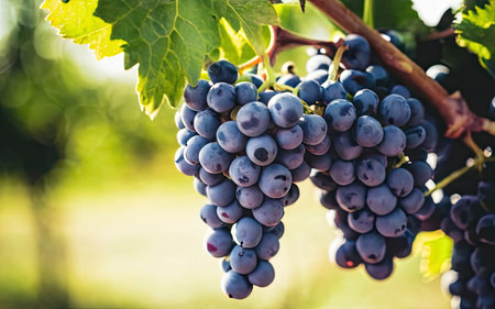 Ripe red wine grapes ready to be harvested in a vineyardの素材