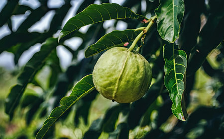 Green walnut growing on a tree in the garden. Exotic fruits.の素材