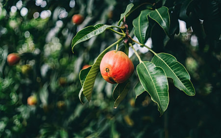 Ripe mango fruit on the tree. Tropical fruit in the tropics.の素材