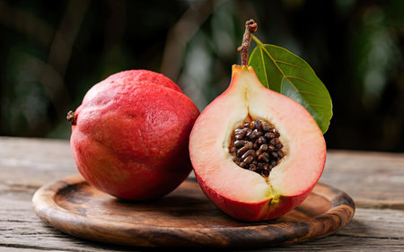 Pomegranate fruit on a wooden plate on a black background.の素材