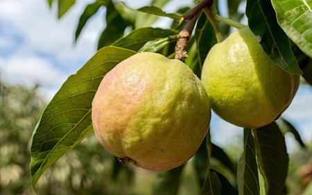Ripe pears growing on a tree in the orchard.の素材